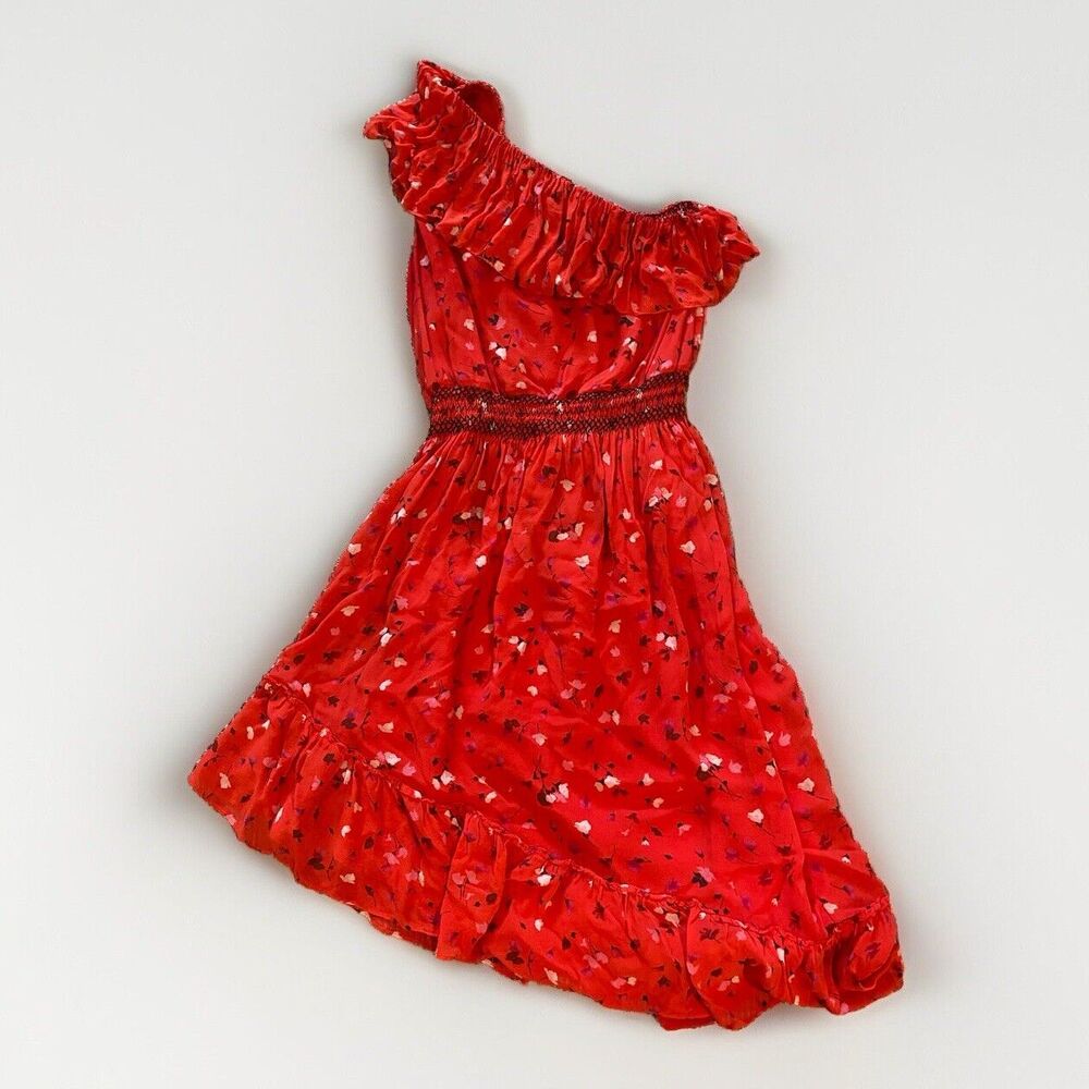 Joie Womens One Shoulder Midi Dress‎ Medium Hafsa Red Silk Asymmetrical Fairy